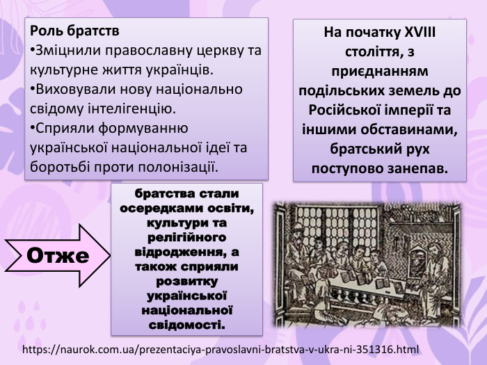 Роль братств. Зміцнили православну церкву та культурне життя українців. Виховували нову національно свідому інтелігенцію. Сприяли формуванню української національної ідеї та боротьбі проти полонізації. Отжебратства стали осередками освіти, культури та релігійного відродження, а також сприяли розвитку української національної свідомості.https://naurok.com.ua/prezentaciya-pravoslavni-bratstva-v-ukra-ni-351316.html. На початку XVIII століття, з приєднанням подільських земель до Російської імперії та іншими обставинами, братський рух поступово занепав. 