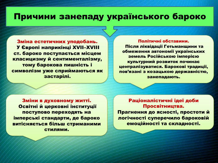 Причини занепаду українського бароко. Зміна естетичних уподобань. У Європі наприкінці XVII–XVIII ст. бароко поступається місцем класицизму й сентименталізму, тому барокова пишність і символізм уже сприймаються як застарілі. Політичні обставини. Після ліквідації Гетьманщини та обмеження автономії українських земель Російською імперією культурний розвиток починає централізуватися. Барокові традиції, пов’язані з козацькою державністю, занепадають. Зміни в духовному житті. Освітні й церковні інституції поступово переходять на імперські стандарти, де бароко витісняється більш стриманими стилями. Раціоналістичні ідеї доби Просвітництва. Прагнення до ясності, простоти й логічності суперечило бароковій емоційності та складності.