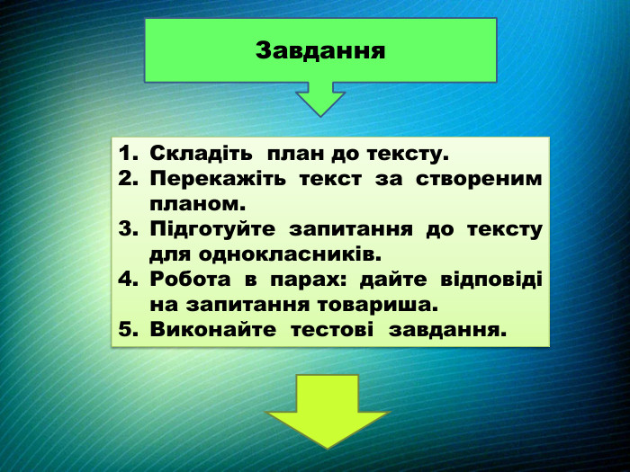Складіть план до тексту. Перекажіть текст за створеним планом. Підготуйте запитання до тексту для однокласників. Робота в парах: дайте відповіді на запитання товариша. Виконайте тестові завдання. Завдання 