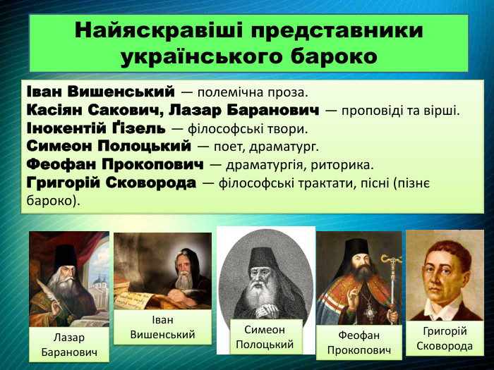 Найяскравіші представники українського барокоІван Вишенський — полемічна проза. Касіян Сакович, Лазар Баранович — проповіді та вірші.Інокентій Ґізель — філософські твори. Симеон Полоцький — поет, драматург. Феофан Прокопович — драматургія, риторика. Григорій Сковорода — філософські трактати, пісні (пізнє бароко).Іван Вишенський Лазар Баранович Симеон Полоцький Феофан Прокопович Григорій Сковорода 