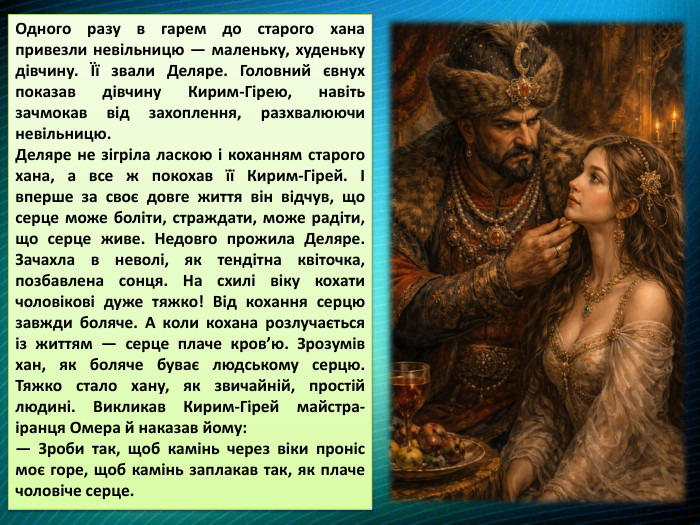 Одного разу в гарем до старого хана привезли невільницю — маленьку, худеньку дівчину. Її звали Деляре. Головний євнух показав дівчину Кирим-Гірею, навіть зачмокав від захоплення, разхвалюючи невільницю. Деляре не зігріла ласкою і коханням старого хана, а все ж покохав її Кирим-Гірей. І вперше за своє довге життя він відчув, що серце може боліти, страждати, може радіти, що серце живе. Недовго прожила Деляре. Зачахла в неволі, як тендітна квіточка, позбавлена сонця. На схилі віку кохати чоловікові дуже тяжко! Від кохання серцю завжди боляче. А коли кохана розлучається із життям — серце плаче кров’ю. Зрозумів хан, як боляче буває людському серцю. Тяжко стало хану, як звичайній, простій людині. Викликав Кирим-Гірей майстра-іранця Омера й наказав йому: — Зроби так, щоб камінь через віки проніс моє горе, щоб камінь заплакав так, як плаче чоловіче серце. 