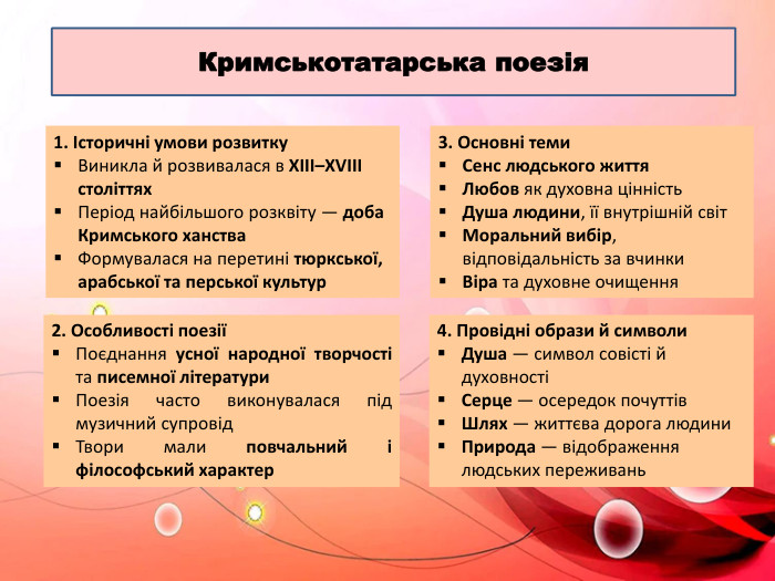 Кримськотатарська поезія1. Історичні умови розвитку. Виникла й розвивалася в XIII–XVIII століттях. Період найбільшого розквіту — доба Кримського ханства. Формувалася на перетині тюркської, арабської та перської культур2. Особливості поезіїПоєднання усної народної творчості та писемної літератури. Поезія часто виконувалася під музичний супровід. Твори мали повчальний і філософський характер3. Основні теми. Сенс людського життя. Любов як духовна цінність. Душа людини, її внутрішній світ. Моральний вибір, відповідальність за вчинки. Віра та духовне очищення4. Провідні образи й символи. Душа — символ совісті й духовностіСерце — осередок почуттів. Шлях — життєва дорога людини. Природа — відображення людських переживань