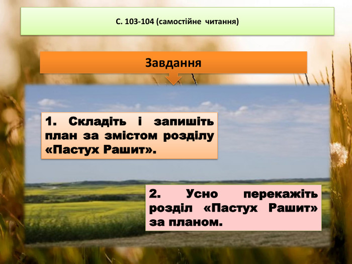 С. 103-104 (самостійне читання)1. Складіть і запишіть план за змістом розділу «Пастух Рашит». Завдання 2. Усно перекажіть розділ «Пастух Рашит» за планом.