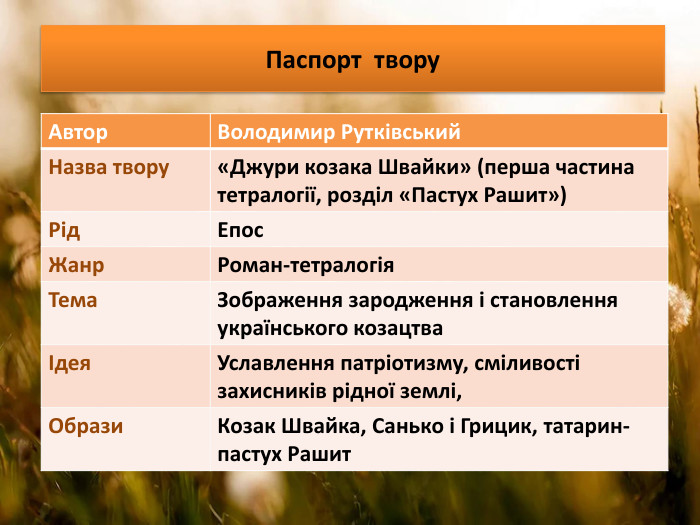Паспорт твору{93296810-A885-4 BE3-A3 E7-6 D5 BEEA58 F35}Автор Володимир Рутківський. Назва твору«Джури козака Швайки» (перша частина тетралогії, розділ «Пастух Рашит»)Рід Епос Жанр Роман-тетралогія. Тема Зображення зародження і становлення українського козацтваІдея Уславлення патріотизму, сміливості захисників рідної землі, Образи Козак Швайка, Санько і Грицик, татарин-пастух Рашит