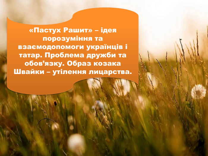 «Пастух Рашит» – ідея порозуміння та взаємодопомоги українців і татар. Проблема дружби та обов’язку. Образ козака Швайки – утілення лицарства. 