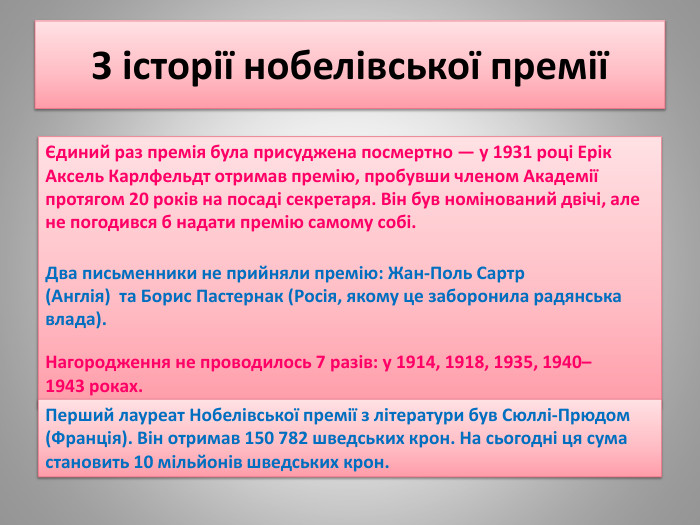 З історії нобелівської преміїЄдиний раз премія була присуджена посмертно — у 1931 році Ерік Аксель Карлфельдт отримав премію, пробувши членом Академії протягом 20 років на посаді секретаря. Він був номінований двічі, але не погодився б надати премію самому собі. Нагородження не проводилось 7 разів: у 1914, 1918, 1935, 1940–1943 роках. Два письменники не прийняли премію: Жан-Поль Сартр (Англія)  та Борис Пастернак (Росія, якому це заборонила радянська влада). Перший лауреат Нобелівської премії з літератури був Сюллі-Прюдом (Франція). Він отримав 150 782 шведських крон. На сьогодні ця сума становить 10 мільйонів шведських крон.