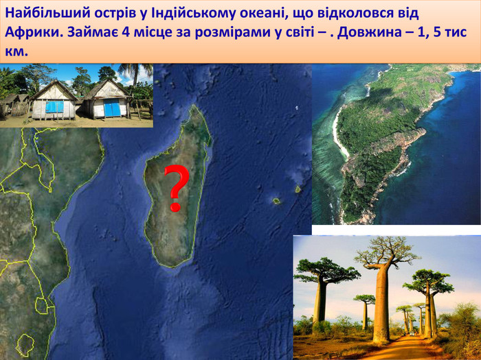 Найбільший острів у Індійському океані, що відколовся від Африки. Займає 4 місце за розмірами у світі – . Довжина – 1, 5 тис км.?