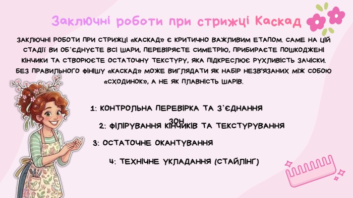 Заключні роботи при стрижці Каскад. ЗАКЛЮЧНІ РОБОТИ ПРИ СТРИЖЦІ «КАСКАД» Є КРИТИЧНО ВАЖЛИВИМ ЕТАПОМ. САМЕ НА ЦІЙ СТАДІЇ ВИ ОБ’ЄДНУЄТЕ ВСІ ШАРИ, ПЕРЕВІРЯЄТЕ СИМЕТРІЮ, ПРИБИРАЄТЕ ПОШКОДЖЕНІ КІНЧИКИ ТА СТВОРЮЄТЕ ОСТАТОЧНУ ТЕКСТУРУ, ЯКА ПІДКРЕСЛЮЄ РУХЛИВІСТЬ ЗАЧІСКИ. БЕЗ ПРАВИЛЬНОГО ФІНІШУ «КАСКАД» МОЖЕ ВИГЛЯДАТИ ЯК НАБІР НЕЗВ'ЯЗАНИХ МІЖ СОБОЮ «СХОДИНОК», А НЕ ЯК ПЛАВНІСТЬ ШАРІВ.1: КОНТРОЛЬНА ПЕРЕВІРКА ТА З’ЄДНАННЯ ЗОН2: ФІЛІРУВАННЯ КІНЧИКІВ ТА ТЕКСТУРУВАННЯ3: ОСТАТОЧНЕ ОКАНТУВАННЯ4: ТЕХНІЧНЕ УКЛАДАННЯ (СТАЙЛІНГ)