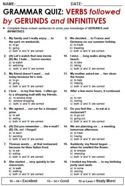 Free printable PDF grammar worksheets, quizzes and games, from A to Z, for EFL/ESL teachers. GERUNDSÂ  and INFINITIVES