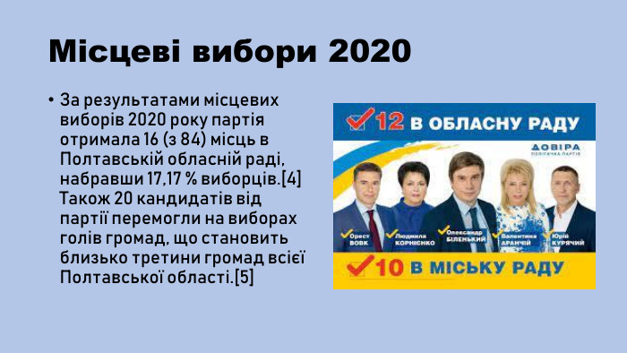 Місцеві вибори 2020 За результатами місцевих виборів 2020 року партія отримала 16 (з 84) місць в Полтавській обласній раді, набравши 17,17 % виборців.[4] Також 20 кандидатів від партії перемогли на виборах голів громад, що становить близько третини громад всієї Полтавської області.[5]