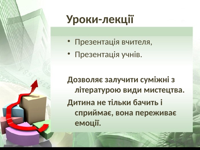 Уроки-лекції Презентація вчителя, Презентація учнів.  Дозволяє залучити суміжні з літературою види мистецтва. Дитина не тільки бачить і сприймає, вона переживає емоції. 