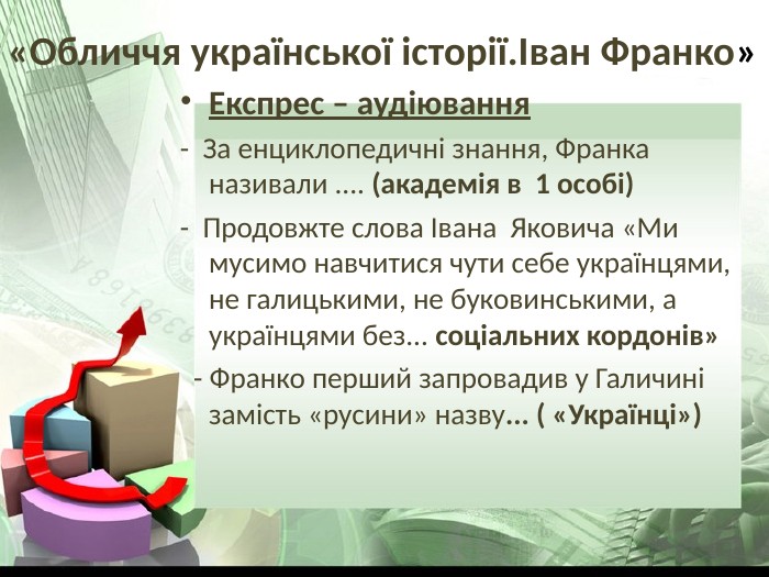 «Обличчя української історії.Іван Франко» Експрес – аудіювання -  За енциклопедичні знання, Франка називали .... (академія в  1 особі) -  Продовжте слова Івана  Яковича «Ми мусимо навчитися чути себе українцями, не галицькими, не буковинськими, а українцями без... соціальних кордонів»   - Франко перший запровадив у Галичині замість «русини» назву... ( «Українці»)         