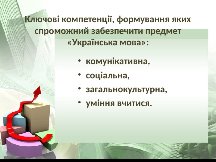 Ключові компетенції, формування яких спроможний забезпечити предмет «Українська мова»: комунікативна, соціальна, загальнокультурна, уміння вчитися. 