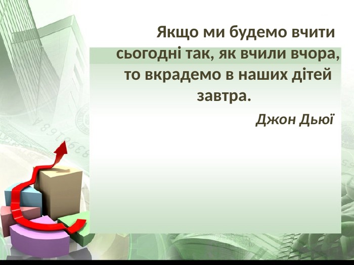  Якщо ми будемо вчити сьогодні так, як вчили вчора, то вкрадемо в наших дітей завтра.                                             Джон Дьюї  