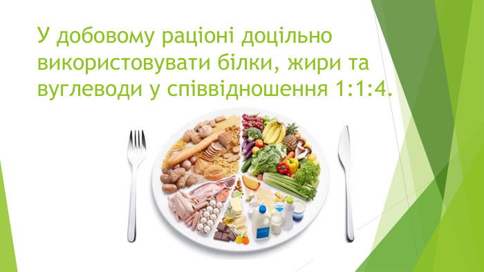 У добовому раціоні доцільно використовувати білки, жири та вуглеводи у співвідношення 1:1:4. 