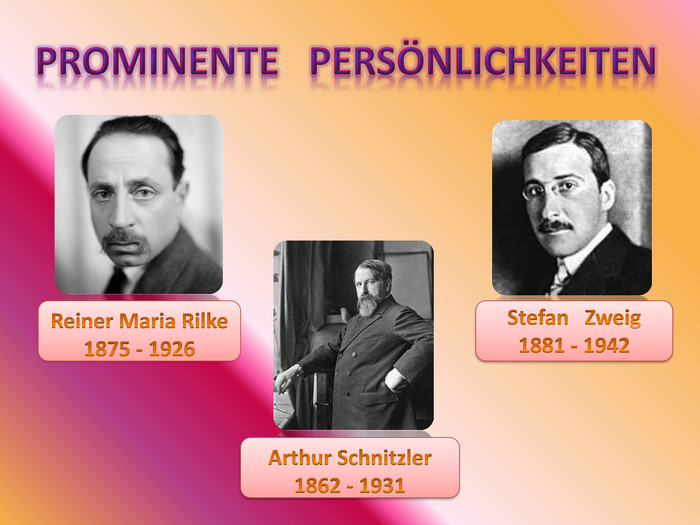 Prominente Persönlichkeiten. Reiner Maria Rilke1875 - 1926 Stefan Zweig1881 - 1942 Arthur Schnitzler1862 - 1931
