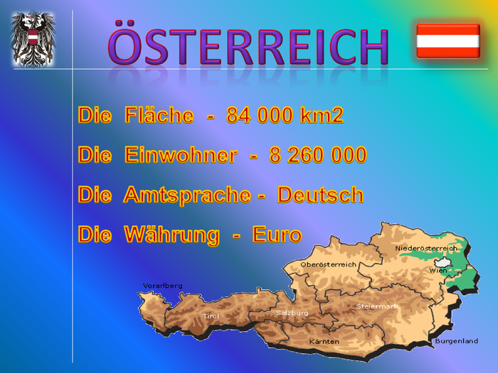 Die Fläche - 84 000 km2 Die Einwohner - 8 260 000 Die Amtsprache - Deutsch. Die Währung - Euro Österreich