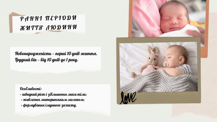 Новонародженість — перші 10 днів життя. Грудний вік — від 10 днів до 1 року. Особливості:• швидкий ріст і збільшення маси тіла; • живлення материнським молоком; • формування імунного захисту. РАННІ ПЕРІОДИ ЖИТТЯ ЛЮДИНИ