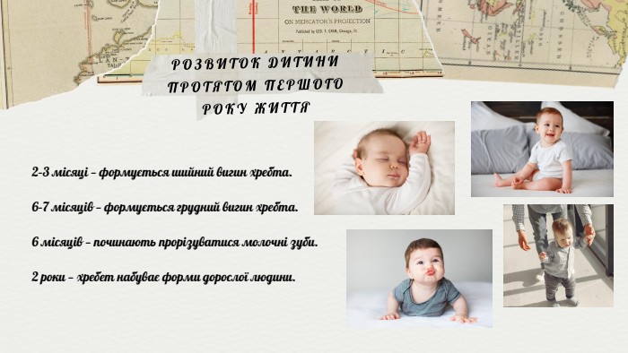 РОЗВИТОК ДИТИНИ ПРОТЯГОМ ПЕРШОГО РОКУ ЖИТТЯ2–3 місяці — формується шийний вигин хребта.6–7 місяців — формується грудний вигин хребта.6 місяців — починають прорізуватися молочні зуби.2 роки — хребет набуває форми дорослої людини.