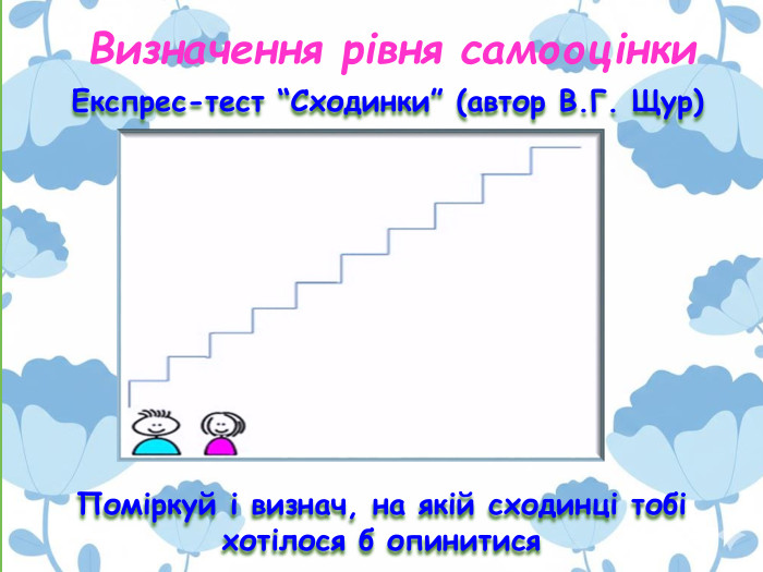 Визначення рівня самооцінки. Експрес-тест “Сходинки” (автор В. Г. Щур)Поміркуй і визнач, на якій сходинці тобі хотілося б опинитися
