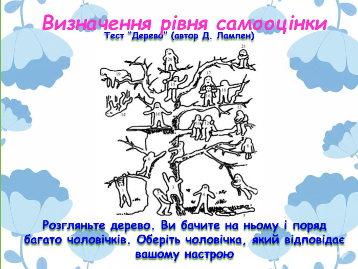 Тест “Дерево” (автор Д. Лампен)Розгляньте дерево. Ви бачите на ньому і поряд багато чоловічків. Оберіть чоловічка, який відповідає вашому настрою. Визначення рівня самооцінки