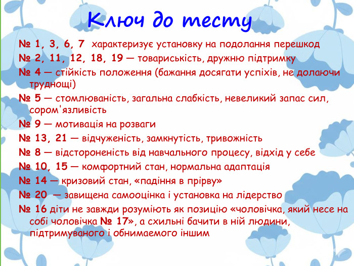 № 1, 3, 6, 7  характеризує установку на подолання перешкод№ 2, 11, 12, 18, 19 — товариськість, дружню підтримку№ 4 — стійкість положення (бажання досягати успіхів, не долаючи труднощі)№ 5 — стомлюваність, загальна слабкість, невеликий запас сил, сором'язливість№ 9 — мотивація на розваги№ 13, 21 — відчуженість, замкнутість, тривожність№ 8 — відстороненість від навчального процесу, відхід у себе№ 10, 15 — комфортний стан, нормальна адаптація№ 14 — кризовий стан, «падіння в прірву»№ 20  — завищена самооцінка і установка на лідерство№ 16 діти не завжди розуміють як позицію «чоловічка, який несе на собі чоловічка № 17», а схильні бачити в ній людини, підтримуваного і обнимаемого іншим. Ключ до тесту