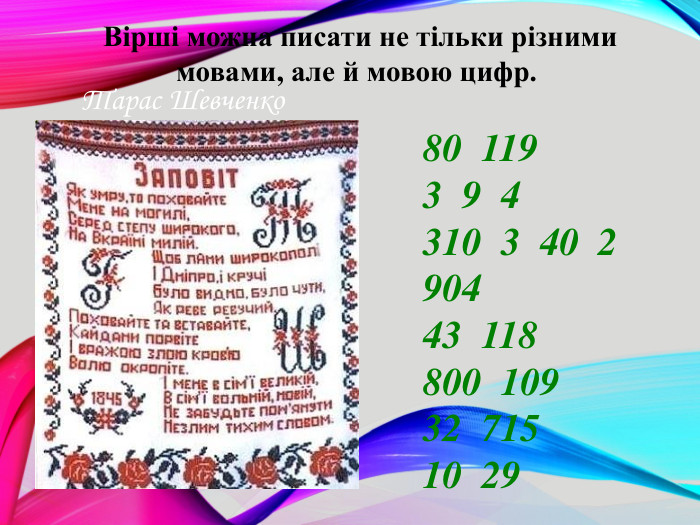 80 119 3 9 4310 3 40 2 904 43 118 800 109 32 715 10 29 Тарас Шевченко Вірші можна писати не тільки різними мовами, але й мовою цифр. 