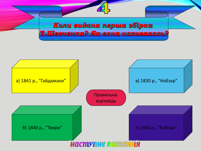 Коли видана перша збірка Т. Шевченка? Як вона називалась?а) 1841 р., “Гайдамаки”б) 1840 р., “Твори”г) 1840 р., “Кобзар”в) 1830 р., “Кобзар”Г Правильна відповідьнаступне питання4