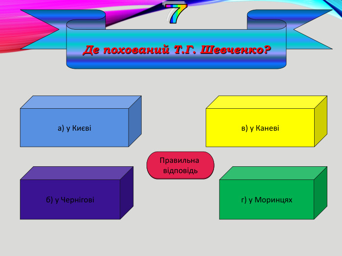 Де похований Т. Г. Шевченко?а) у Києвіб) у Черніговіг) у Моринцяхв) у Каневі7 В Правильна відповідь