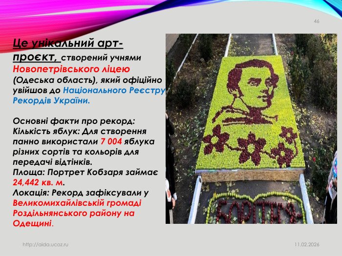11.02.2026http://aida.ucoz.ru46 Це унікальний арт-проєкт, створений учнями Новопетрівського ліцею (Одеська область), який офіційно увійшов до Національного Реєстру Рекордів України. Основні факти про рекорд: Кількість яблук: Для створення панно використали 7 004 яблука різних сортів та кольорів для передачі відтінків. Площа: Портрет Кобзаря займає 24,442 кв. м. Локація: Рекорд зафіксували у Великомихайлівській громаді Роздільнянського району на Одещині.