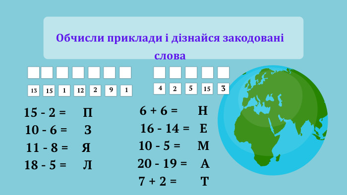 Обчисли приклади і дізнайся закодовані слова131511229142515315 - 2 = П10 - 6 = З11 - 8 = Я18 - 5 = Л6 + 6 = Н16 - 14 = Е10 - 5 = М20 - 19 = А7 + 2 = Т 