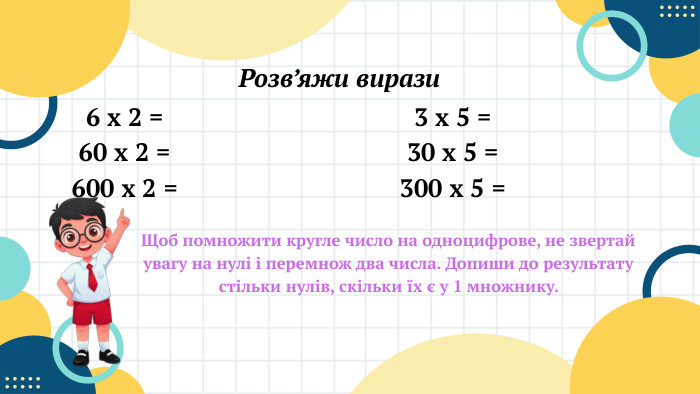 Розв’яжи вирази6 х 2 = 60 х 2 = 600 х 2 = 3 х 5 = 30 х 5 = 300 х 5 = Щоб помножити кругле число на одноцифрове, не звертай увагу на нулі і перемнож два числа. Допиши до результату стільки нулів, скільки їх є у 1 множнику. 
