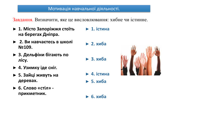 Завдання. Визначити, яке це висловлювання: хибне чи істинне. 1. Місто Запоріжжя стоїть на берегах Дніпра. 2. Ви навчаєтесь в школі №109. 3. Дельфіни бігають по лісу. 4. Узимку іде сніг. 5. Зайці живуть на деревах. 6. Слово «стіл» - прикметник.1. істина2. хиба3. хиба4. істина5. хиба6. хиба