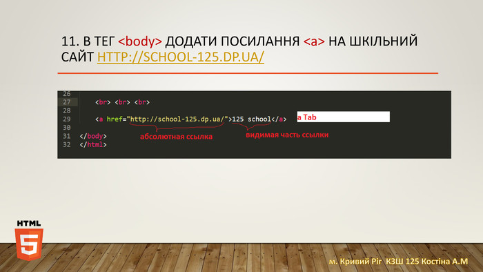 11. В тег <body> додати посилання <a> на шкільний сайт http://school-125.dp.ua/м. Кривий Ріг КЗШ 125 Костіна А. М