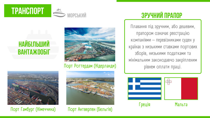 Греція. Мальта. Плавання під зручним, або дешевим, прапором означає реєстрацію компаніями – перевізниками суден у країнах з низькими ставками портових зборів, низькими податками та мінімальним законодавчо закріпленим рівнем оплати праці.зручний прапор. Порт Роттердам (Нідерланди)Порт Антверпен (Бельгія)Порт Гамбург (Німеччина)Транспортморськийнайбільший вантажообіг