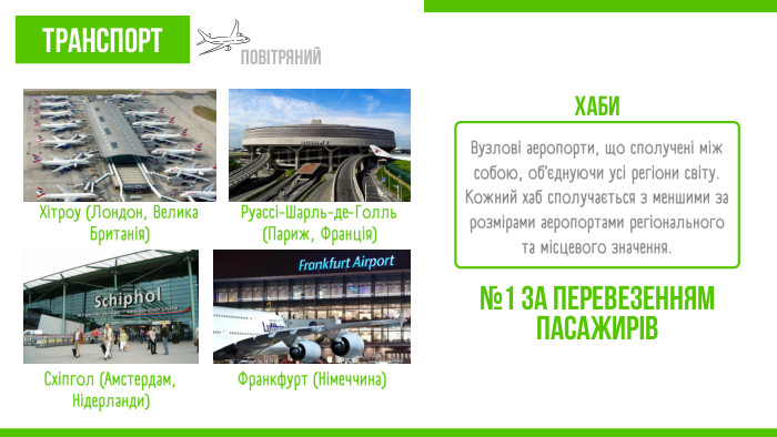 Вузлові аеропорти, що сполучені між собою, об’єднуючи усі регіони світу. Кожний хаб сполучається з меншими за розмірами аеропортами регіонального та місцевого значення. Хаби№1 за перевезенням пасажирів. Транспортповітряний. Хітроу (Лондон, Велика Британія)Руассі-Шарль-де-Голль (Париж, Франція)Схіпгол (Амстердам, Нідерланди)Франкфурт (Німеччина)