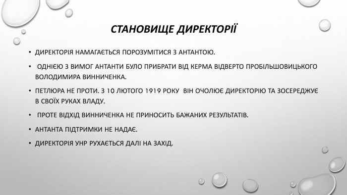 Становище директоріїДиректорія намагається порозумітися з Антантою. Однією з вимог Антанти було прибрати від керма відверто пробільшовицького Володимира Винниченка. Петлюра не проти. З 10 лютого 1919 року він очолює Директорію та зосереджує в своїх руках владу. Проте відхід Винниченка не приносить бажаних результатів. Антанта підтримки не надає. Директорія УНР рухається далі на захід.