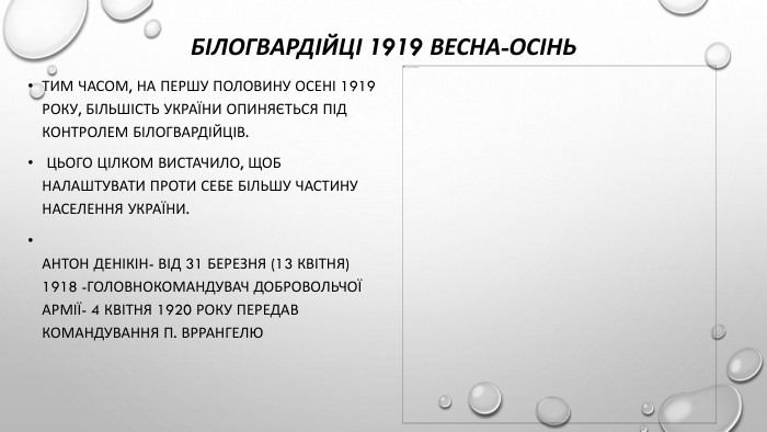 Білогвардійці 1919 весна-осінь. Тим часом, на першу половину осені 1919 року, більшість України опиняється під контролем білогвардійців. Цього цілком вистачило, щоб налаштувати проти себе більшу частину населення України. Антон Денікін- від 31 березня (13 квітня) 1918 -головнокомандувач Добровольчої армії- 4 квітня 1920 року передав командування П. Вррангелю