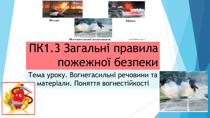ПК1.3 Загальні правила пожежної безпеки. Тема уроку. Вогнегасильні речовини та матеріали. Поняття вогнестійкості