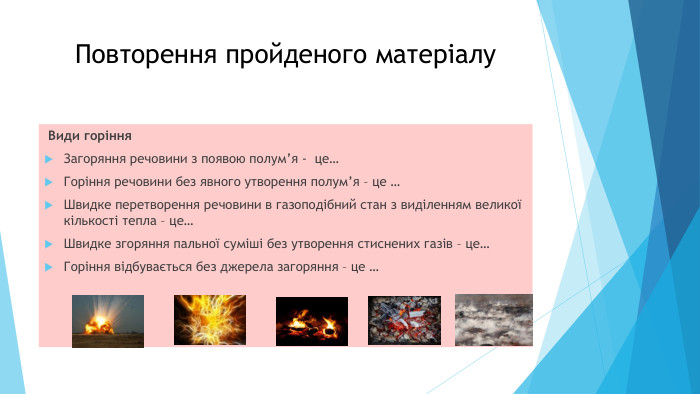 Повторення пройденого матеріалу Види горіння. Загоряння речовини з появою полум’я - це…Горіння речовини без явного утворення полум’я – це …Швидке перетворення речовини в газоподібний стан з виділенням великої кількості тепла – це…Швидке згоряння пальної суміші без утворення стиснених газів – це…Горіння відбувається без джерела загоряння – це …