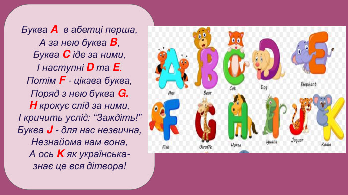 Буква A в абетці перша,А за нею буква B,Буква C іде за ними,І наступні D та E. Потім F - цікава буква,Поряд з нею буква G. H крокує слід за ними,І кричить услід: “Заждіть!”Буква J - для нас незвична, Незнайома нам вона, А ось K як українська-знає це вся дітвора!
