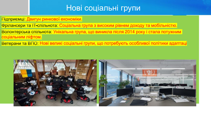 Підприємці: Двигун ринкової економіки. Фрілансери та IT-спільнота: Соціальна група з високим рівнем доходу та мобільністю. Волонтерська спільнота: Унікальна група, що виникла після 2014 року і стала потужним соціальним ліфтом. Ветерани та ВПО: Нові великі соціальні групи, що потребують особливої політики адаптаці Нові соціальні групи