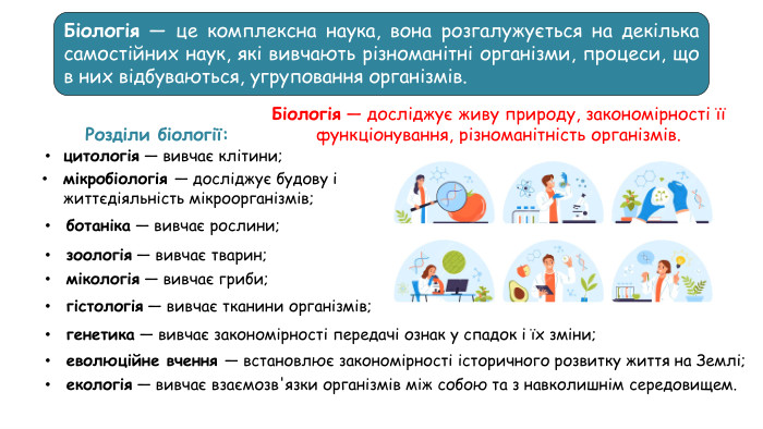 Біологія — це комплексна наука, вона розгалужується на декілька самостійних наук, які вивчають різноманітні організми, процеси, що в них відбуваються, угруповання організмів. Розділи біології: Біологія — досліджує живу природу, закономірності її функціонування, різноманітність організмів.цитологія — вивчає клітини;мікробіологія — досліджує будову і життєдіяльність мікроорганізмів;ботаніка — вивчає рослини;зоологія — вивчає тварин;мікологія — вивчає гриби; гістологія — вивчає тканини організмів;еволюційне вчення — встановлює закономірності історичного розвитку життя на Землі;генетика — вивчає закономірності передачі ознак у спадок і їх зміни;екологія — вивчає взаємозв'язки організмів між собою та з навколишнім середовищем.