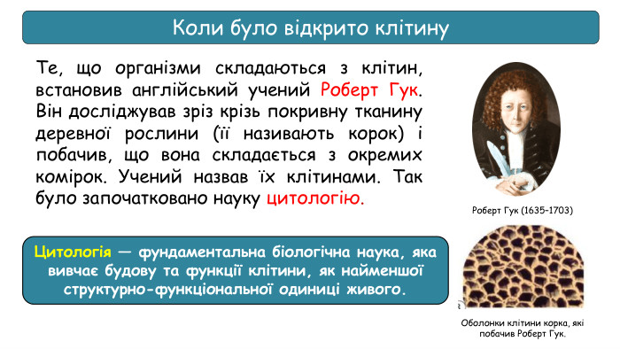 Коли було відкрито клітину. Те, що організми складаються з клітин, встановив англійський учений Роберт Гук. Він досліджував зріз крізь покривну тканину деревної рослини (її називають корок) і побачив, що вона складається з окремих комірок. Учений назвав їх клітинами. Так було започатковано науку цитологію. Роберт Гук (1635–1703)Цитологія — фундаментальна біологічна наука, яка вивчає будову та функції клітини, як найменшої структурно-функціональної одиниці живого. Оболонки клітини корка, які побачив Роберт Гук.