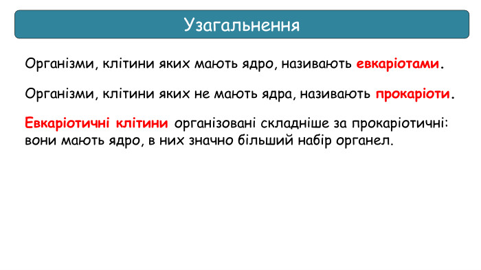 Евкаріотичні клітини організовані складніше за прокаріотичні: вони мають ядро, в них значно більший набір органел. Узагальнення. Організми, клітини яких мають ядро, називають евкаріотами. Організми, клітини яких не мають ядра, називають прокаріоти.