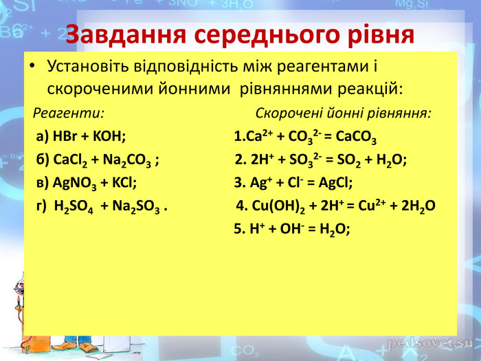 Завдання середнього рівня. Установіть відповідність між реагентами і скороченими йонними рівняннями реакцій: Реагенти: Скорочені йонні рівняння: а) HBr + KOH; 1. Ca2+ + CO32- = Ca. CO3 б) Ca. Cl2 + Na2 CO3 ; 2. 2 H+ + SO32- = SO2 + H2 O; в) Ag. NO3 + KCl; 3. Ag+ + Cl- = Ag. Cl; г) H2 SO4 + Na2 SO3 . 4. Cu(OH)2 + 2 H+ = Cu2+ + 2 H2 O 5. H+ + OH- = H2 O; 