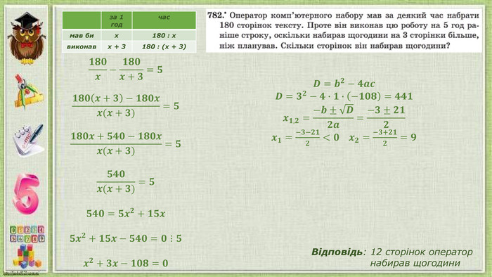 {93296810-A885-4 BE3-A3 E7-6 D5 BEEA58 F35}за 1 годчасмав биx180 : xвиконавx + 3180 : (x + 3)𝟏𝟖𝟎𝒙−𝟏𝟖𝟎𝒙+𝟑=𝟓𝟏𝟖𝟎𝒙+𝟑−𝟏𝟖𝟎𝒙𝒙(𝒙+𝟑)=𝟓𝟏𝟖𝟎𝒙+𝟓𝟒𝟎−𝟏𝟖𝟎𝒙𝒙(𝒙+𝟑)=𝟓𝟓𝟒𝟎𝒙(𝒙+𝟑)=𝟓𝟓𝟒𝟎=𝟓𝒙𝟐+𝟏𝟓𝒙𝟓𝒙𝟐+𝟏𝟓𝒙−𝟓𝟒𝟎=𝟎⋮𝟓𝒙𝟐+𝟑𝒙−𝟏𝟎𝟖=𝟎 𝑫=𝒃𝟐−𝟒𝒂𝒄𝑫=𝟑𝟐−𝟒∙𝟏∙−𝟏𝟎𝟖=𝟒𝟒𝟏𝒙𝟏,𝟐=−𝒃±𝑫𝟐𝒂=−𝟑±𝟐𝟏𝟐𝒙𝟏=−𝟑−𝟐𝟏𝟐<𝟎 𝒙𝟐=−𝟑+𝟐𝟏𝟐=𝟗 Відповідь: 12 сторінок оператор набирав щогодини