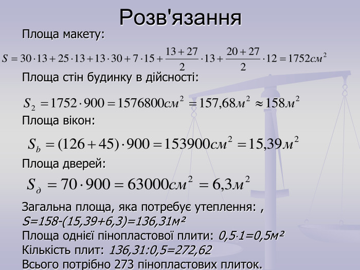 Розв'язання Площа макету:   Площа стін будинку в дійсності:   Площа вікон:    Площа дверей:    Загальна площа, яка потребує утеплення: ,  S=158-(15,39+6,3)=136,31мІ Площа однієї пінопластової плити: 0,51=0,5мІ Кількість плит: 136,31:0,5=272,62 Всього потрібно 273 пінопластових плиток. 
