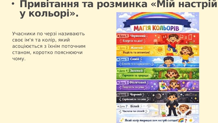 Учасники по черзі називають своє ім'я та колір, який асоціюється з їхнім поточним станом, коротко пояснюючи чому. Привітання та розминка «Мій настрій у кольорі».