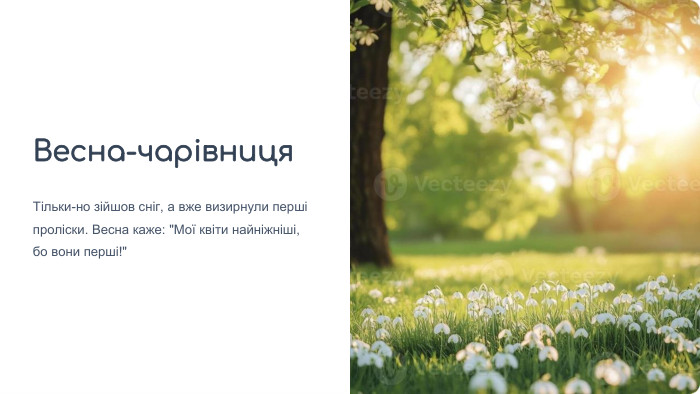 Весна-чарівниця. Тільки-но зійшов сніг, а вже визирнули перші проліски. Весна каже: 